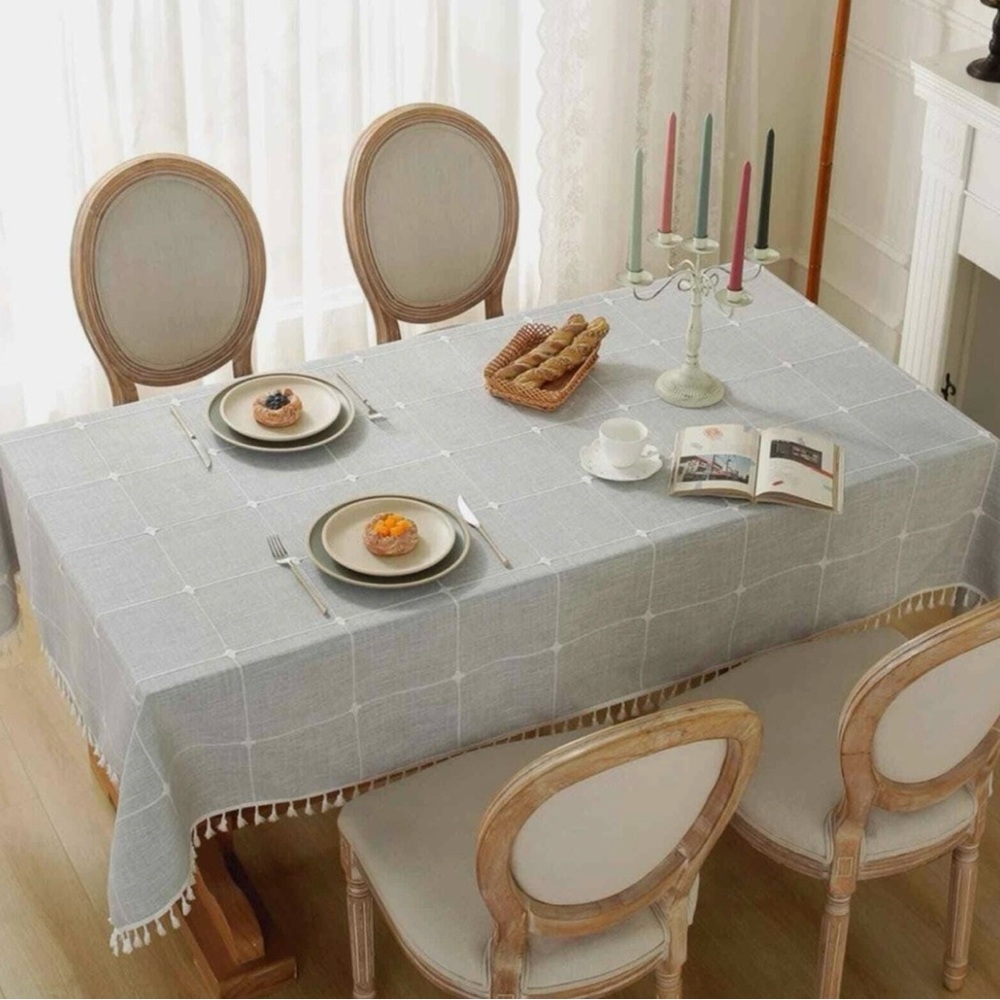Fringed Cotton Linen Rectangular Lattice Tablecloth #0620257B
